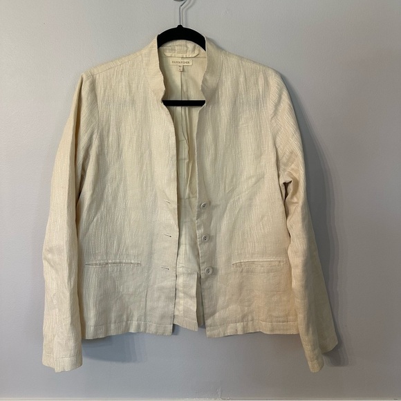 Eileen Fisher Women’s Long Sleeve 100% Linen High Collar Cream Jacket Sz M GUC - Picture 2 of 9